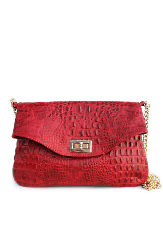 Кожаная женская сумка клатч с цепочкой POOLPARTY красная под «крокодила»