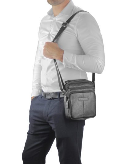 Недорогая кожаная мужская сумка через плечо черная Allan Marco RR-9053A